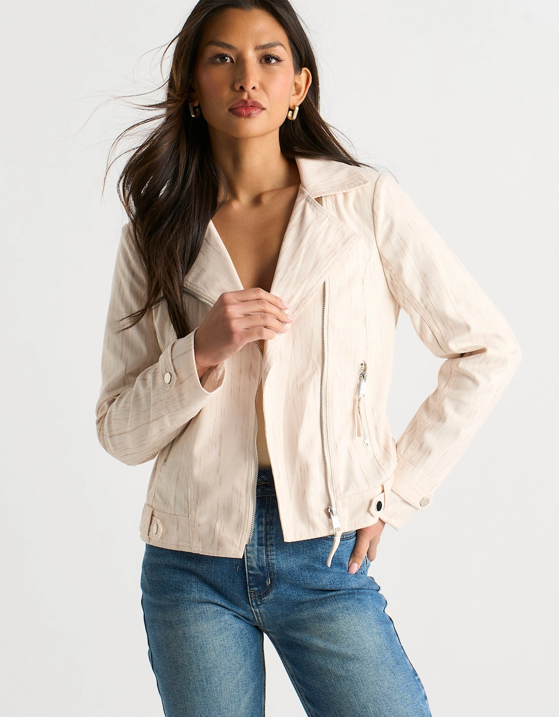 Beige Corduroy Asymmetrical Zip Moto Jacket