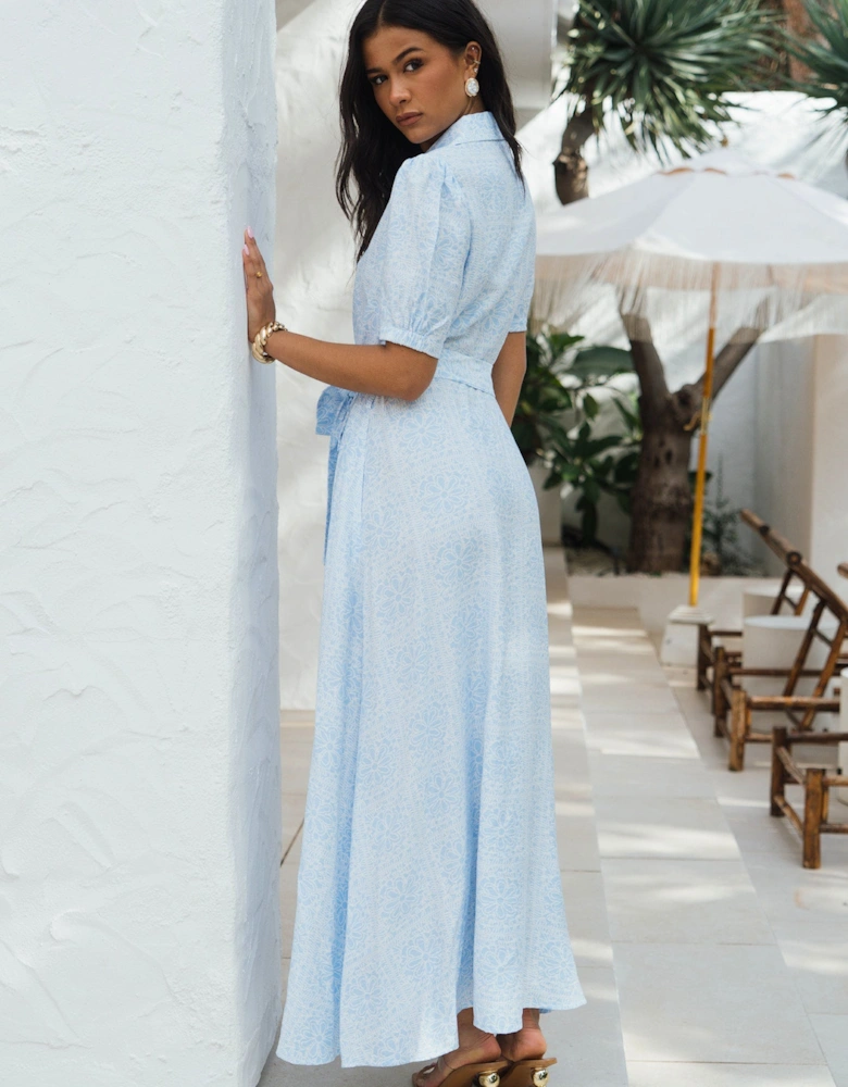 Blue Cotton Mix Blue Tile Print Button Through Maxi Shirt Dress
