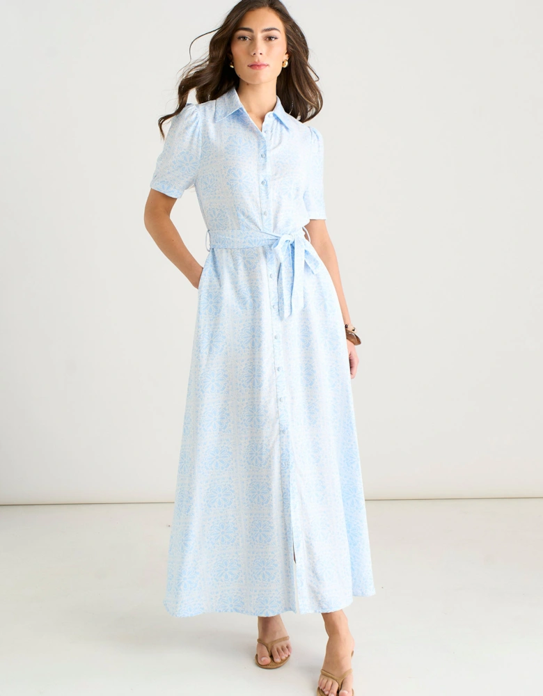 Blue Cotton Mix Blue Tile Print Button Through Maxi Shirt Dress