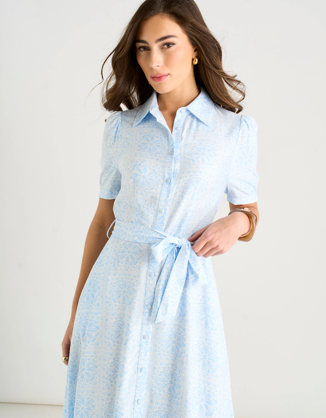 Blue Cotton Mix Blue Tile Print Button Through Maxi Shirt Dress