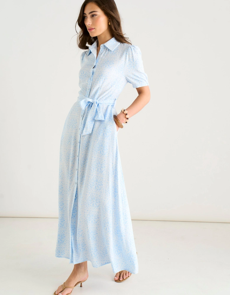Blue Cotton Mix Blue Tile Print Button Through Maxi Shirt Dress