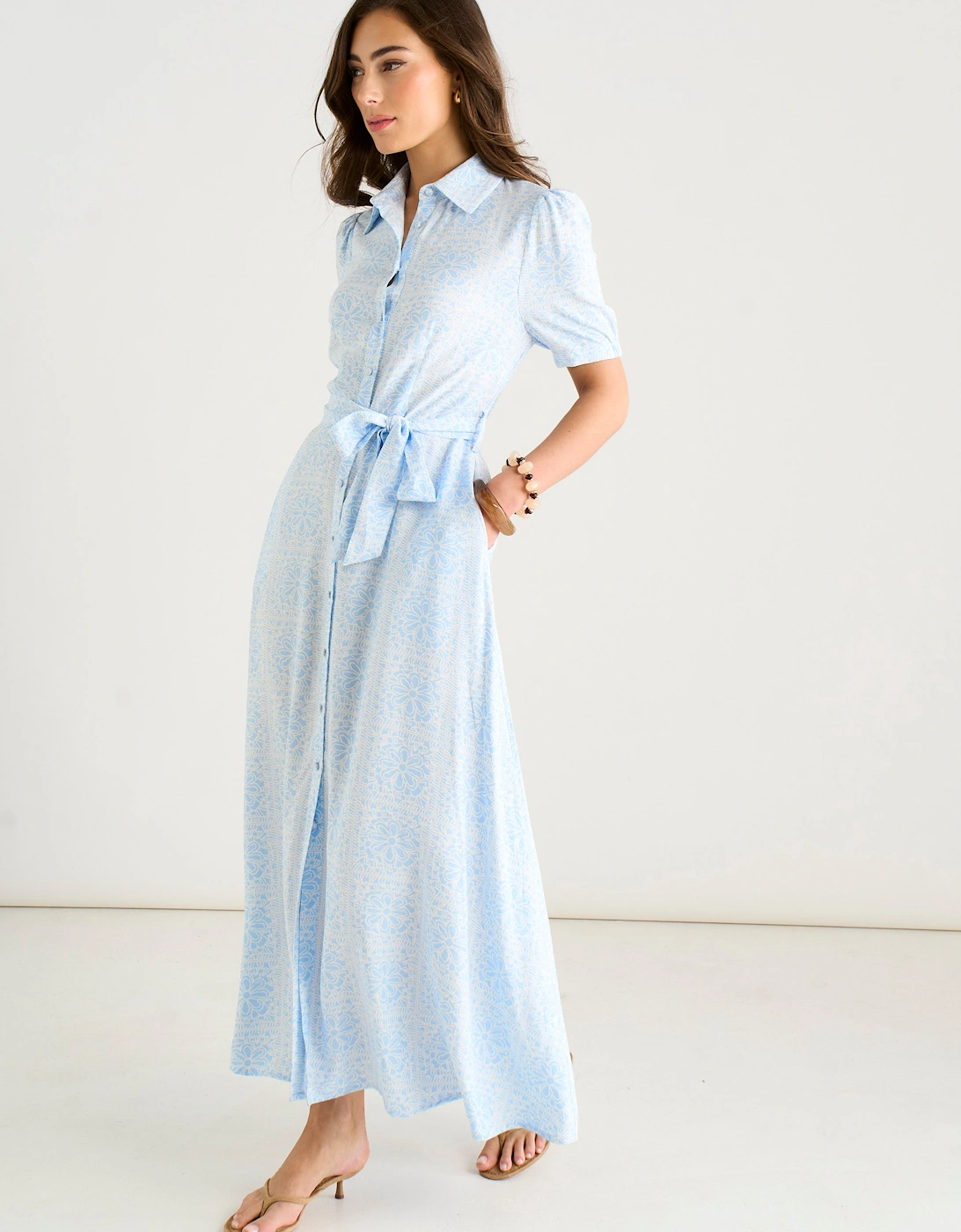 Blue Cotton Mix Blue Tile Print Button Through Maxi Shirt Dress