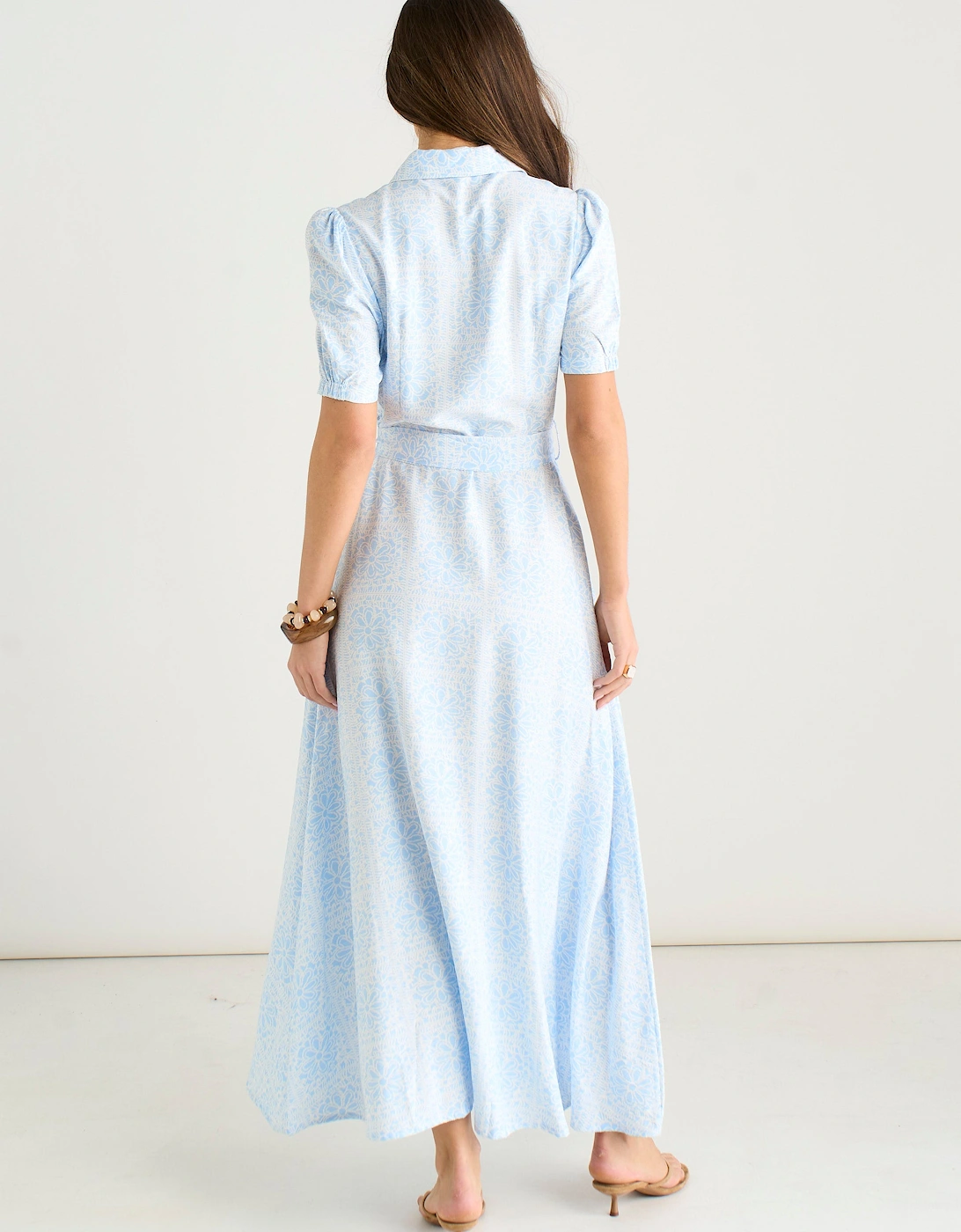 Blue Cotton Mix Blue Tile Print Button Through Maxi Shirt Dress