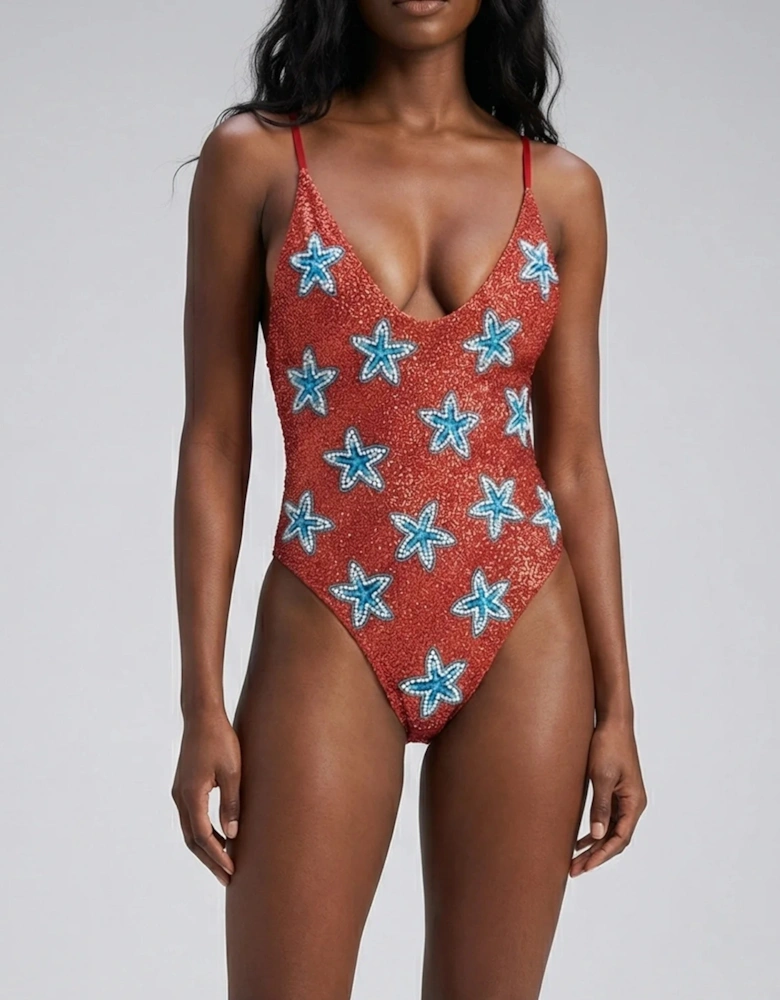 Mia's Marina Hand-Beaded Swimsuit Red in Stock