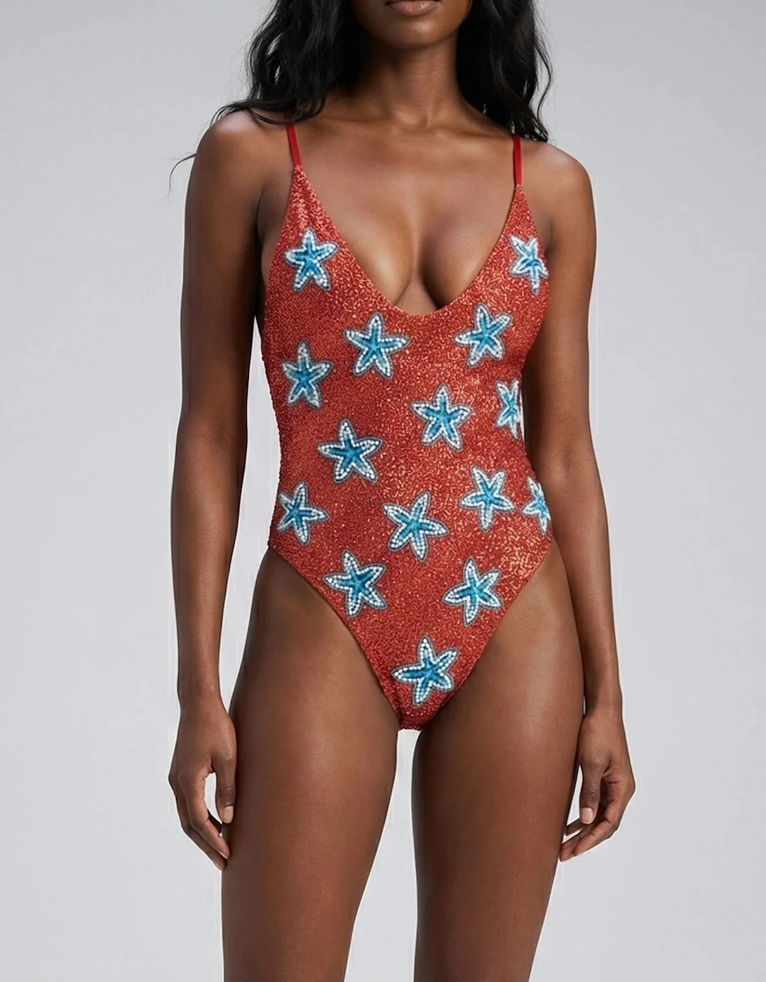 Mia's Marina Hand-Beaded Swimsuit Red in Stock