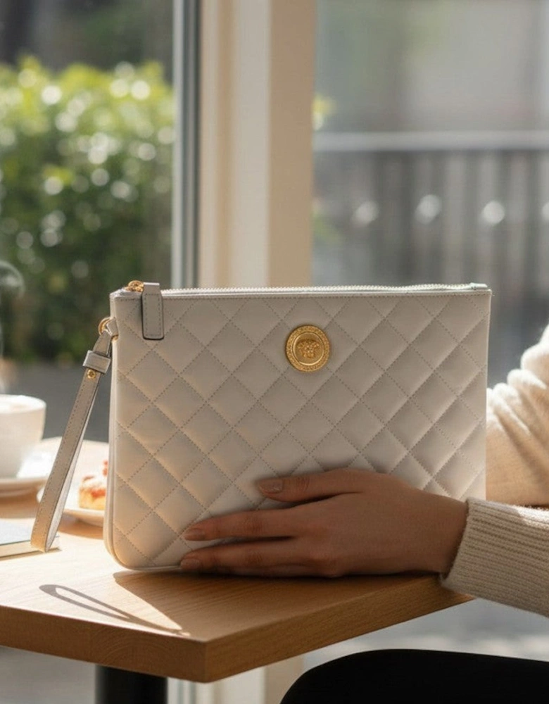 Logo Medusa Quilted Pouch White Gold Tone