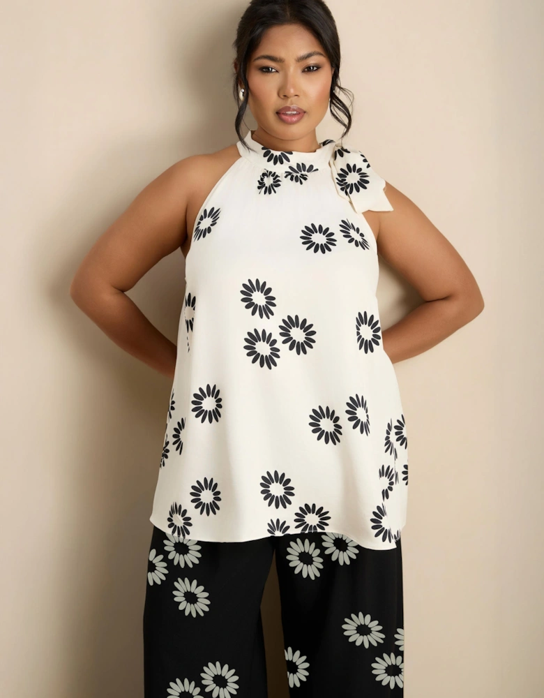 White Floral Print Bow Halter Neck Top