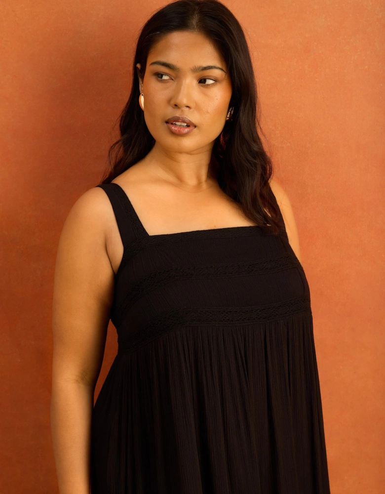 Black Crinkle Pintuck Lace Trim Midaxi Dress