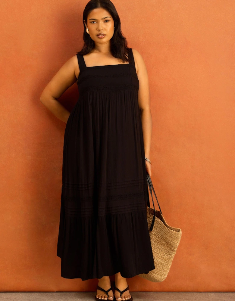 Black Crinkle Pintuck Lace Trim Midaxi Dress