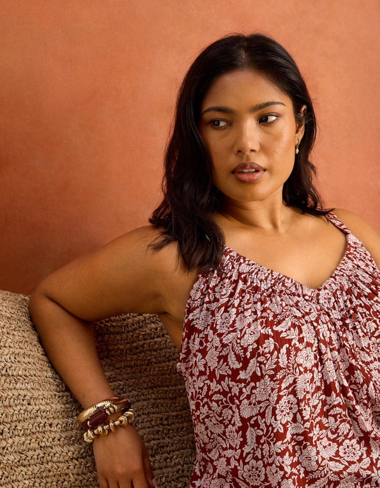 Rust Floral Print Crinkle Gathered Cami