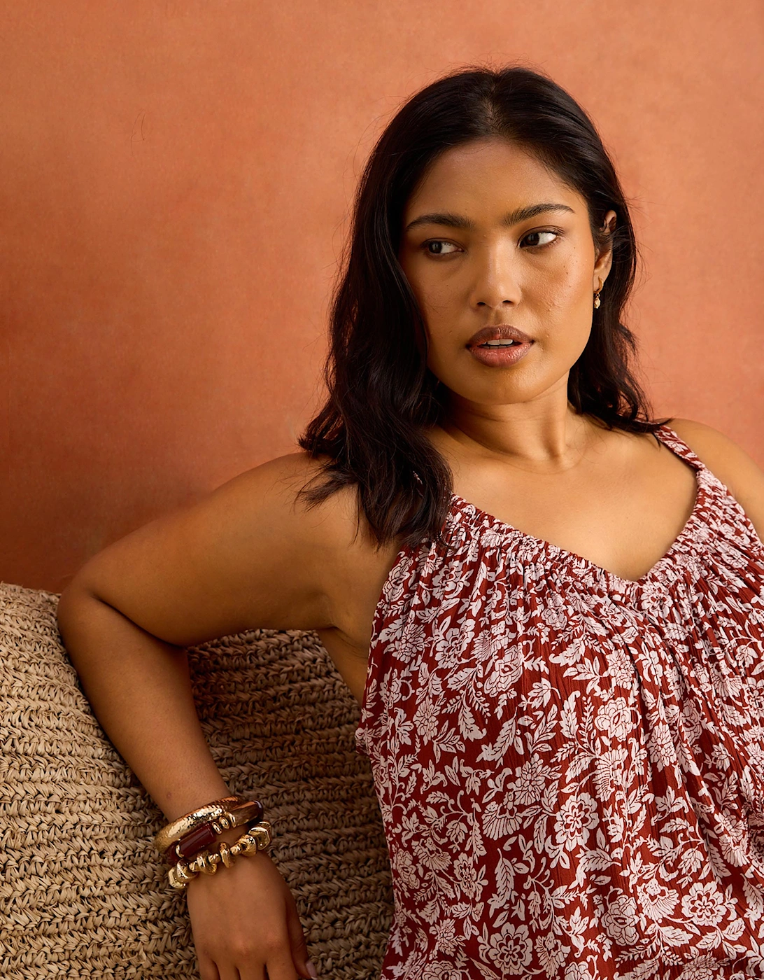 Rust Floral Print Crinkle Gathered Cami