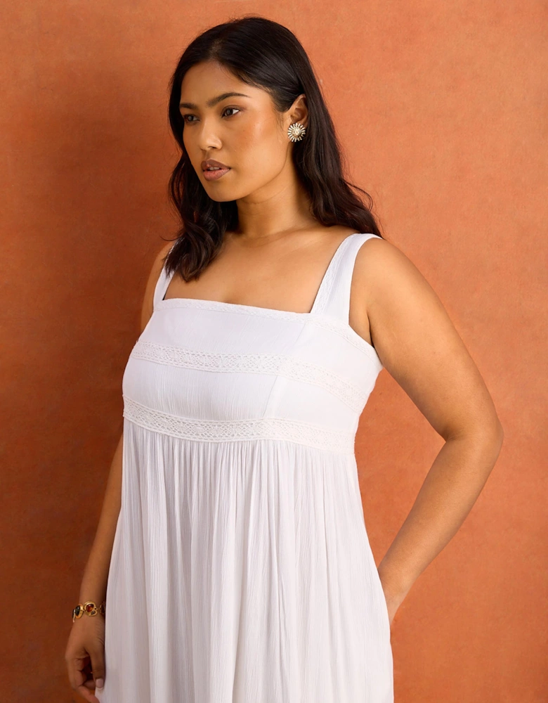 White Crinkle Pintuck Lace Trim Midaxi Dress