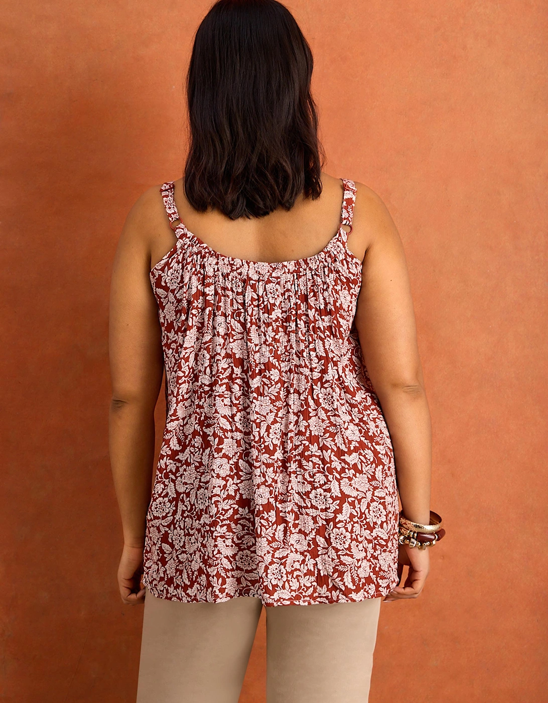Rust Floral Print Crinkle Gathered Cami