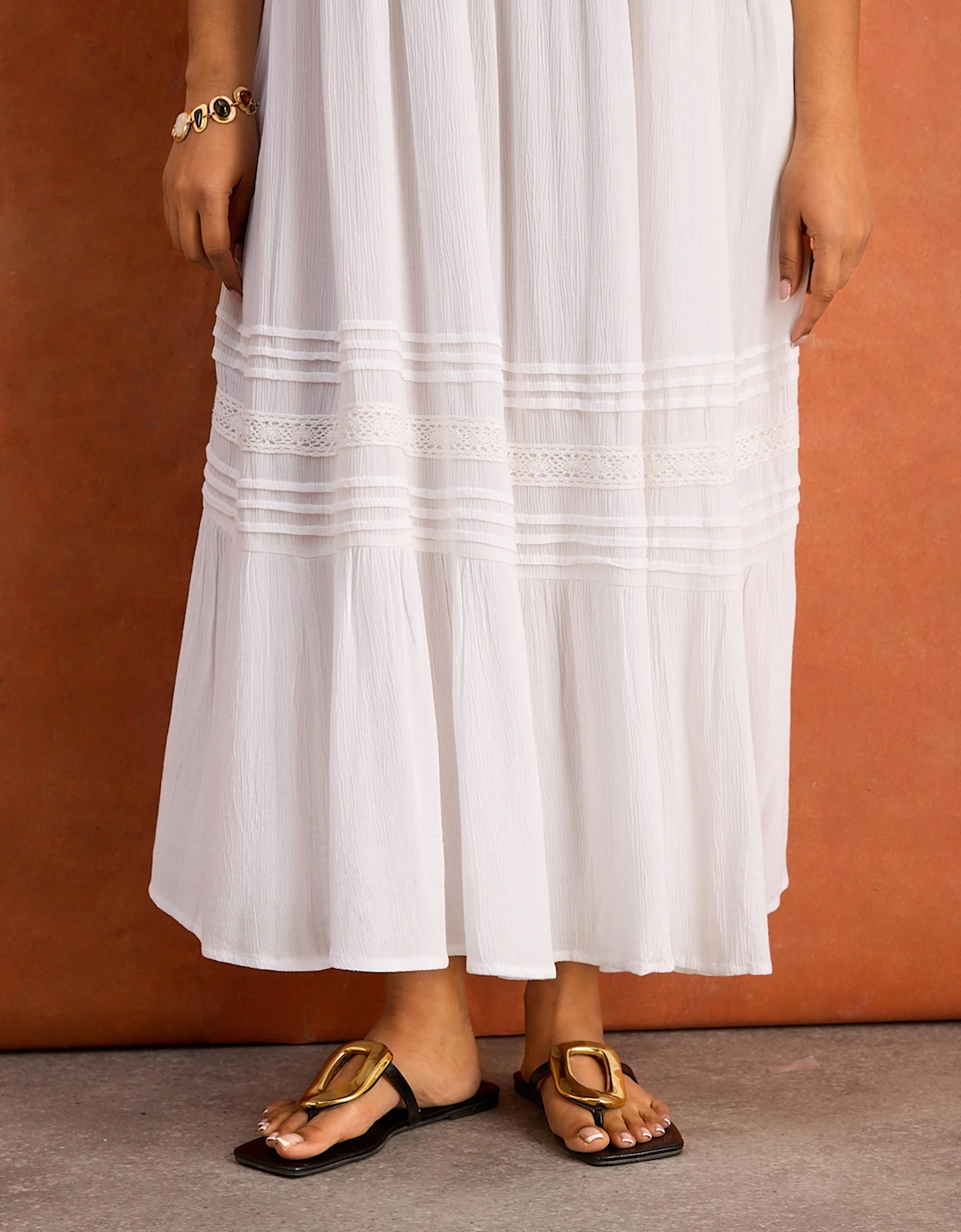 White Crinkle Pintuck Lace Trim Midaxi Dress
