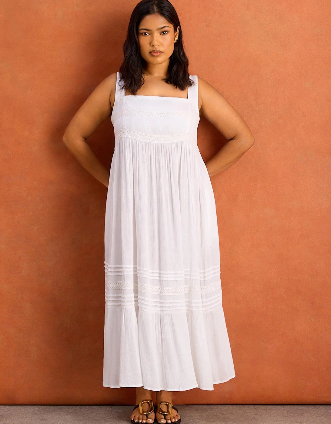 White Crinkle Pintuck Lace Trim Midaxi Dress