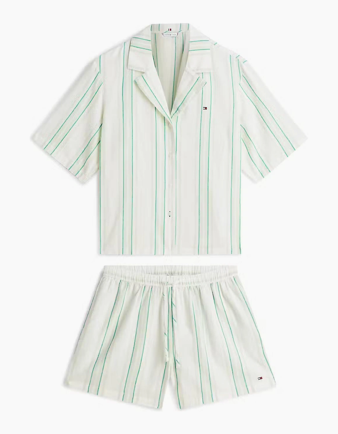 Tommy Hilfiger SS SHIRT LINEN PJ Short Set Womens Pyjama Set Tennis Court Stripe Green