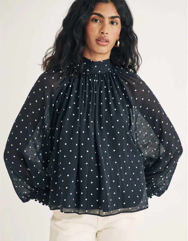 High Neck Relaxed Fit Long Sleeve Blouse