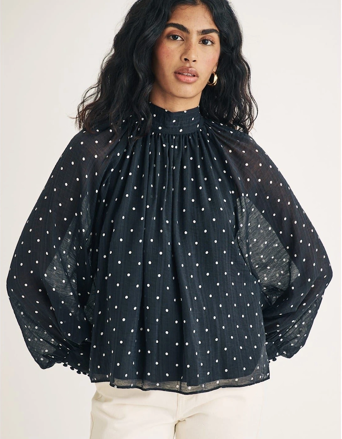 High Neck Relaxed Fit Long Sleeve Blouse