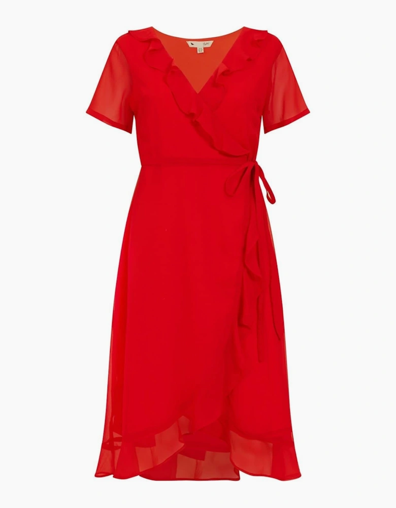 Frill V-Neck Midi Wrap Dress