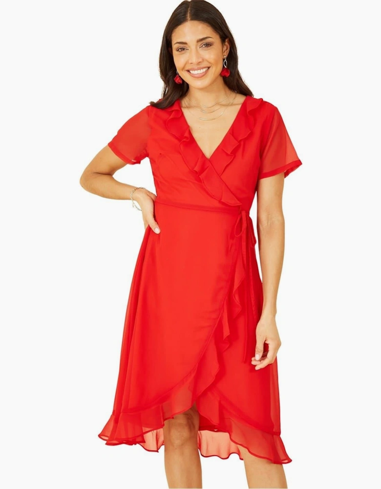 Frill V-Neck Midi Wrap Dress