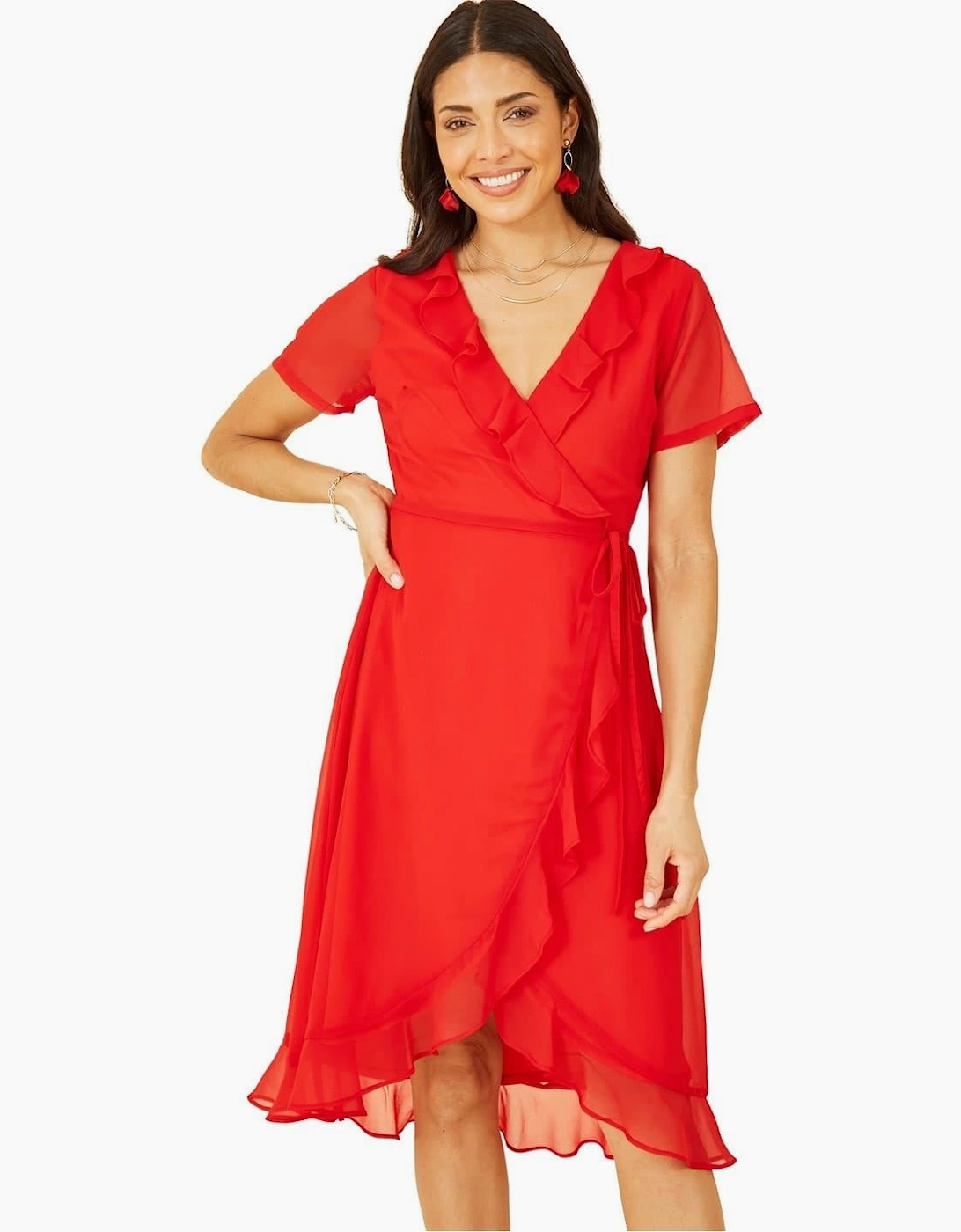 Frill V-Neck Midi Wrap Dress
