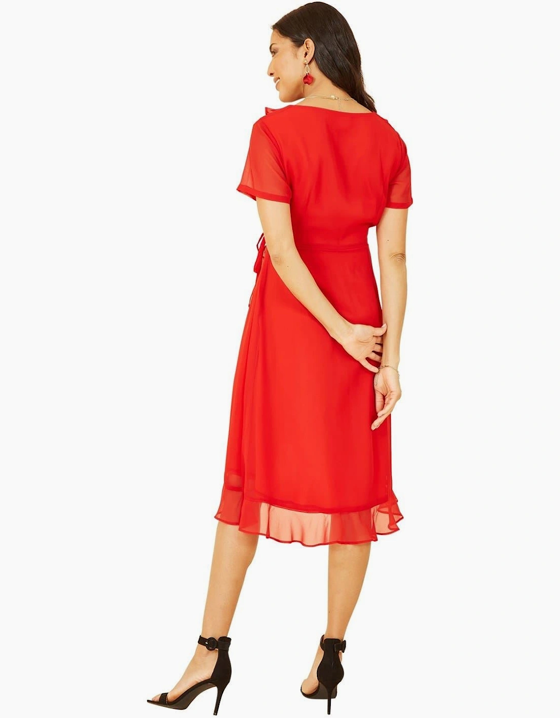 Frill V-Neck Midi Wrap Dress