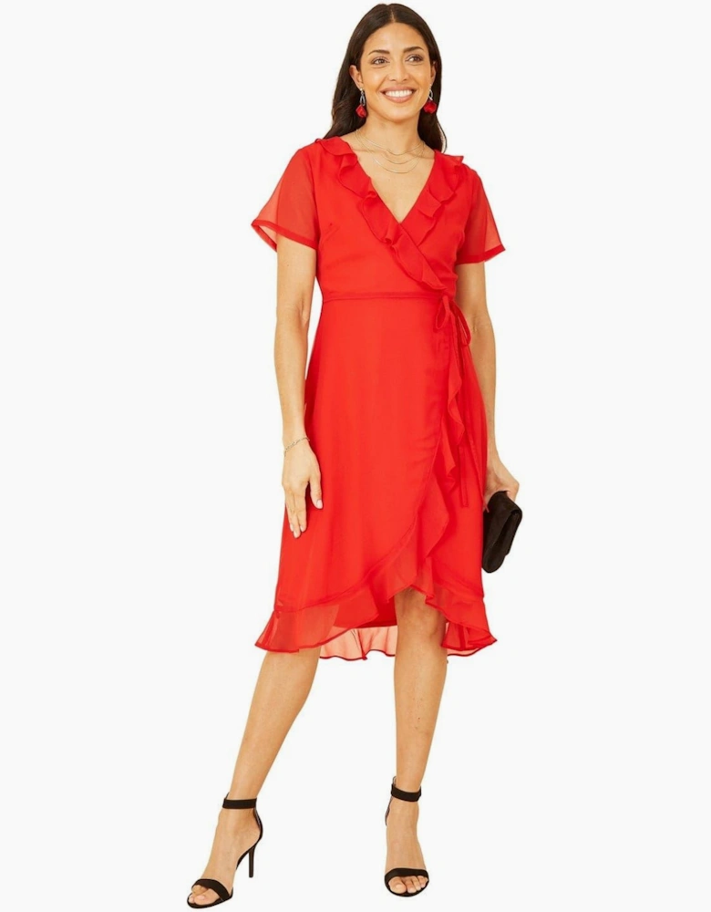 Frill V-Neck Midi Wrap Dress