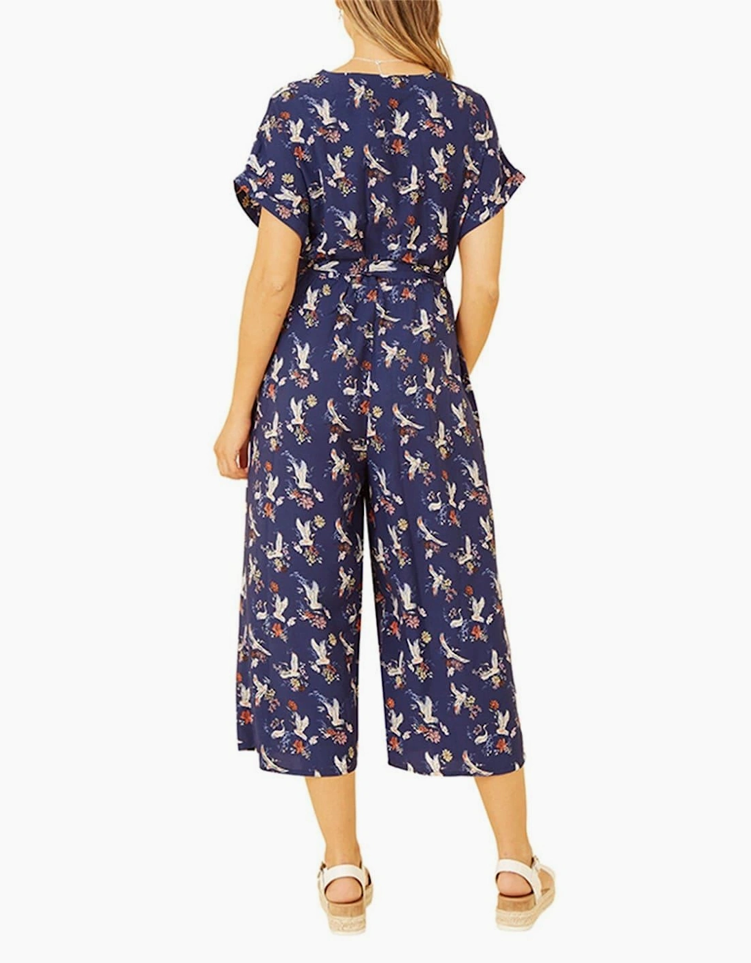 Crane Print Collared Culotte Jumpsuit