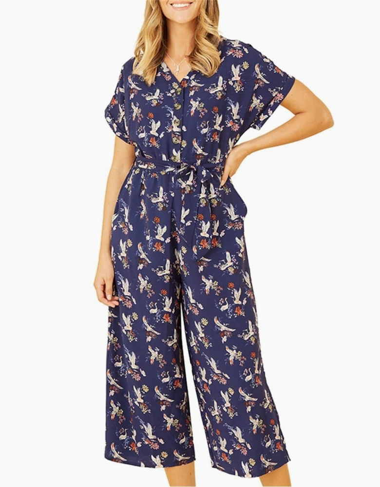 Crane Print Collared Culotte Jumpsuit