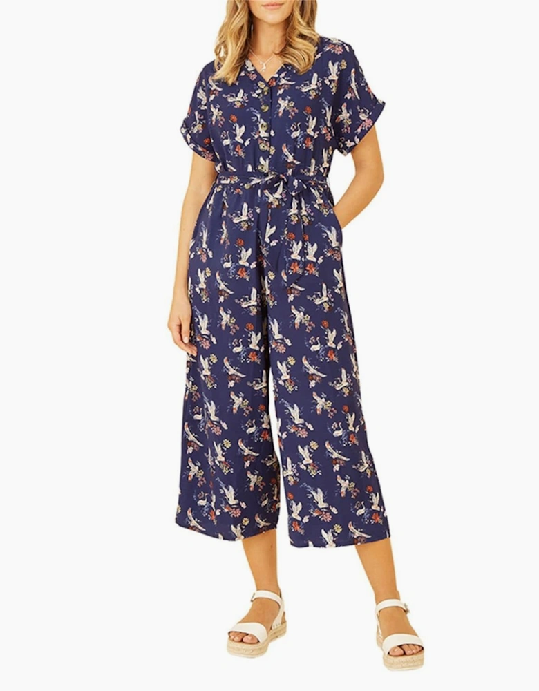 Crane Print Collared Culotte Jumpsuit