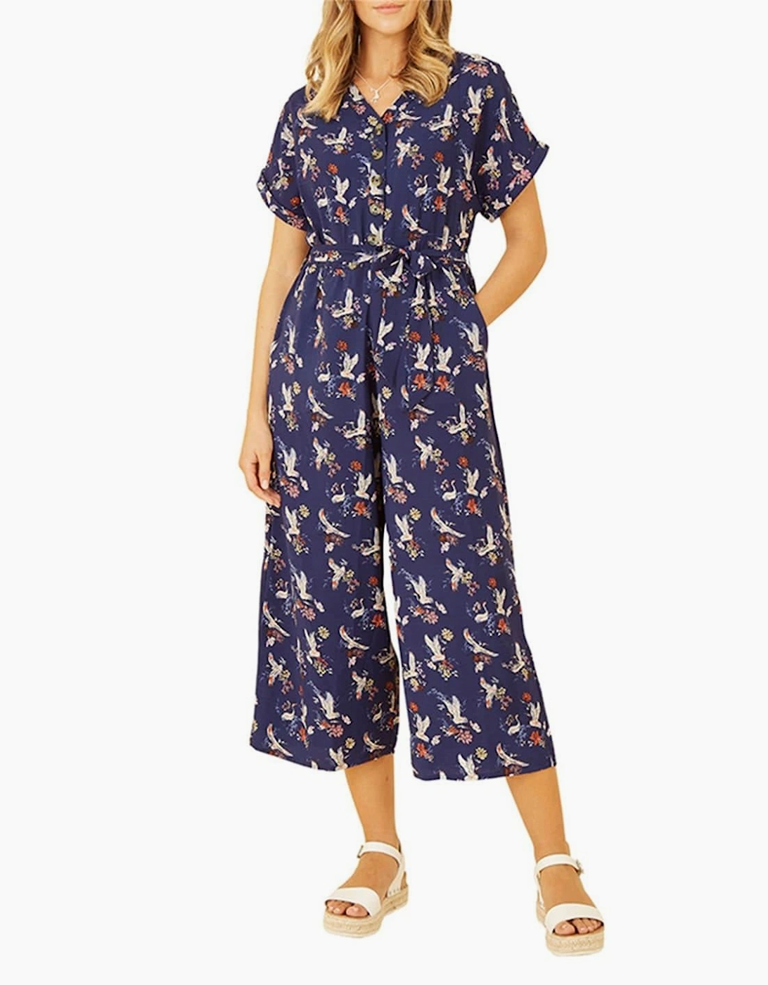 Crane Print Collared Culotte Jumpsuit