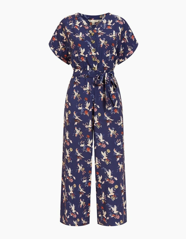 Crane Print Collared Culotte Jumpsuit