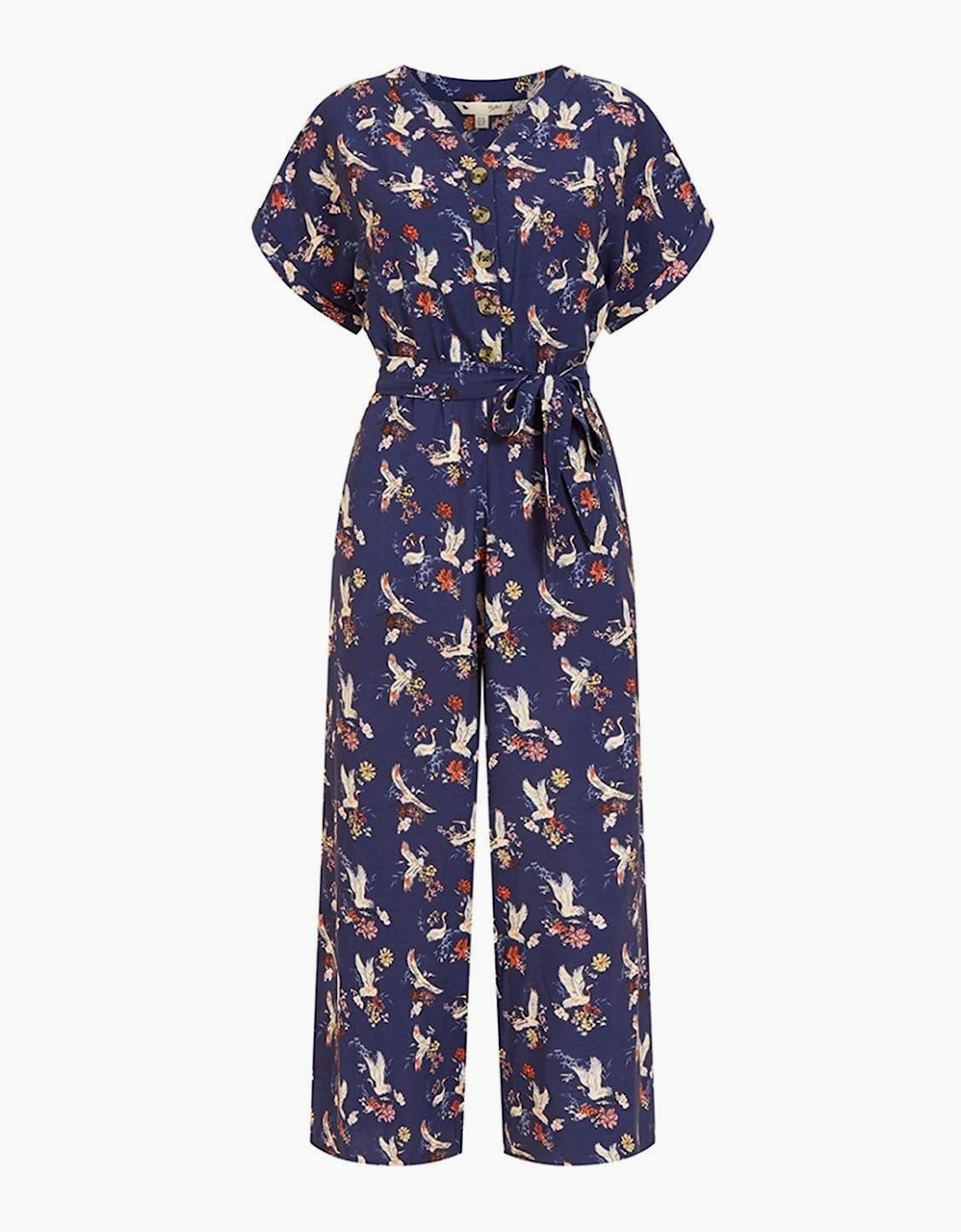 Crane Print Collared Culotte Jumpsuit