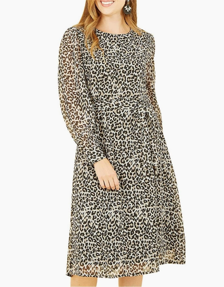 Leopard Crew Neck Midi Skater Dress