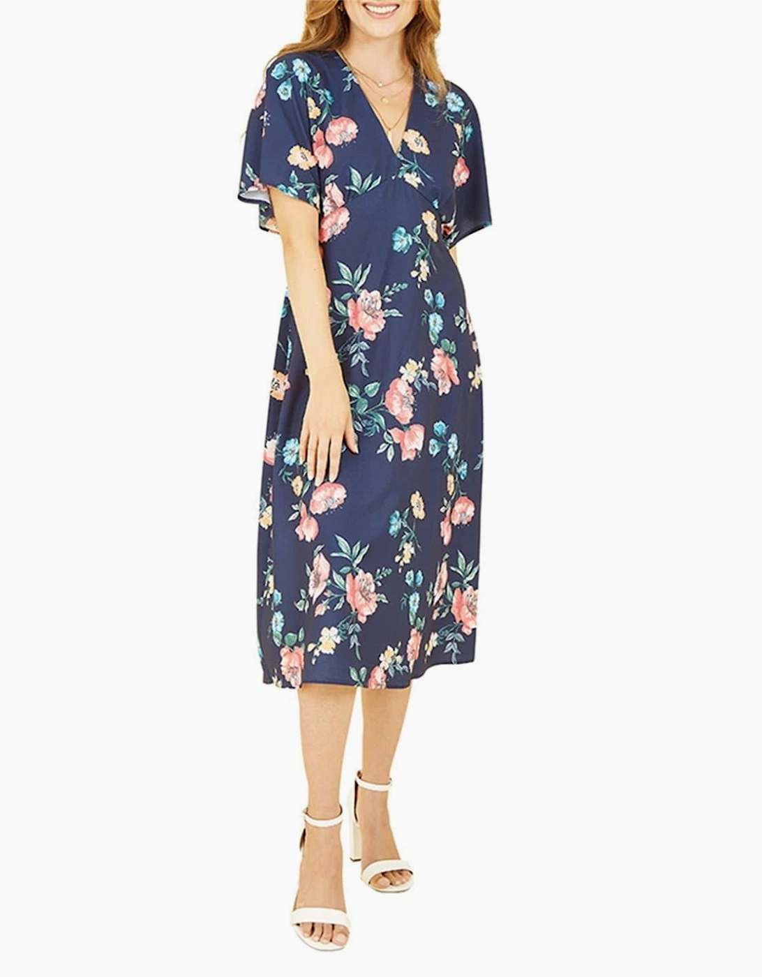 Navy Floral V-Neck Midi Wrap Dress