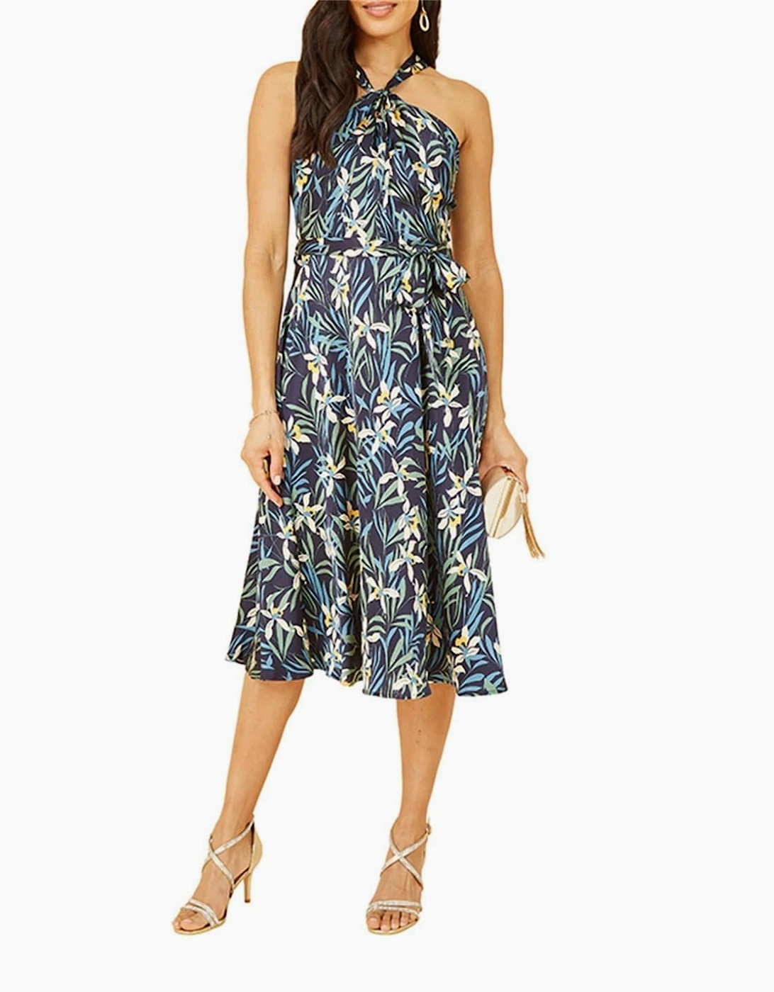 Tropical Print Halter Neck Midi Dress