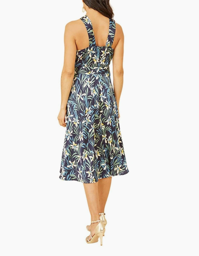 Tropical Print Halter Neck Midi Dress