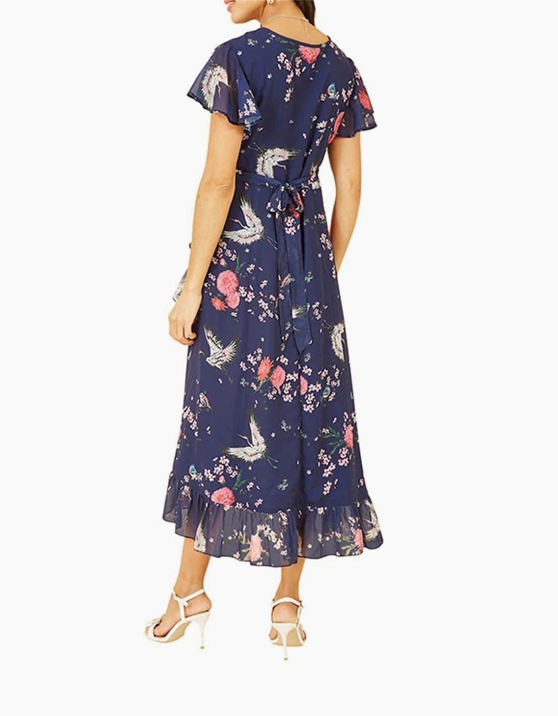 Crane Print V-Neck Midi Wrap Dress