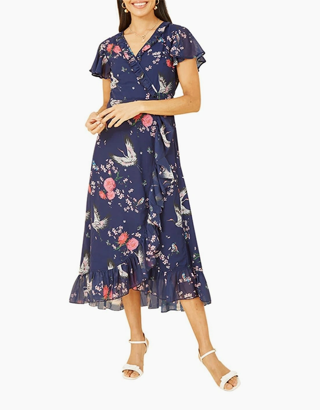 Crane Print V-Neck Midi Wrap Dress