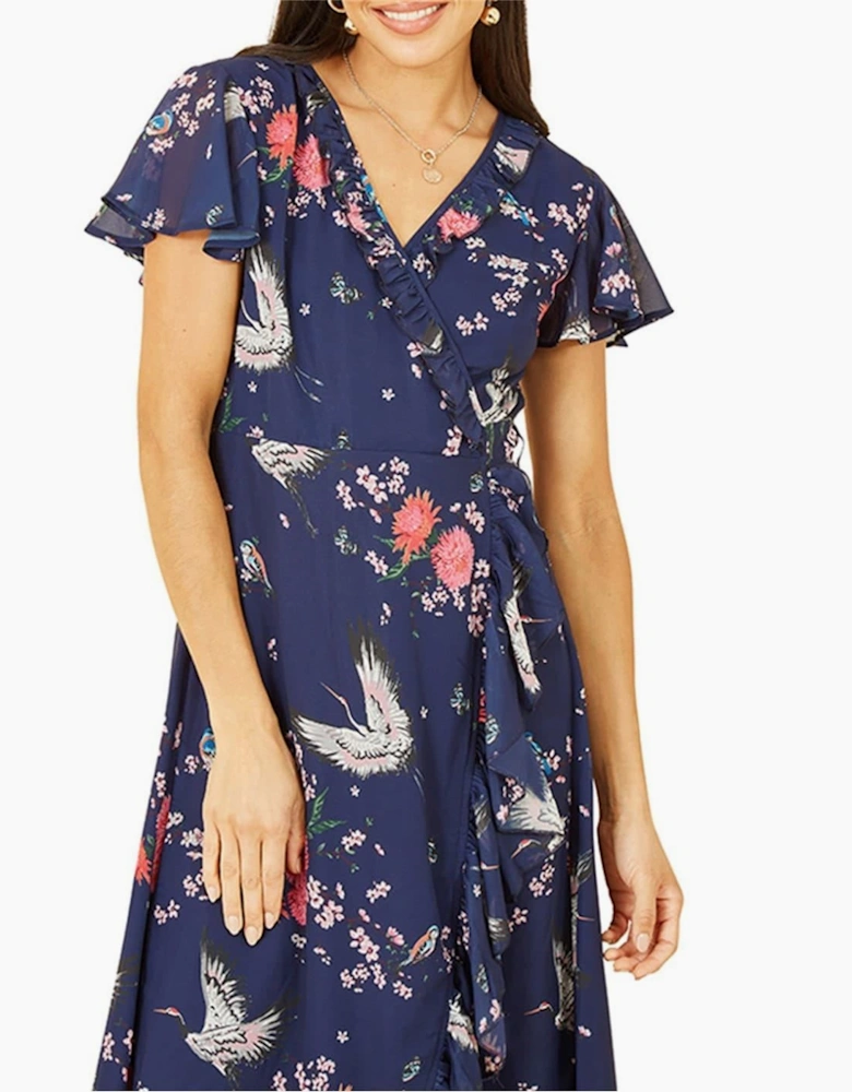 Crane Print V-Neck Midi Wrap Dress