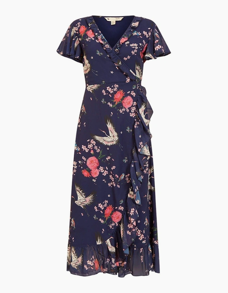 Crane Print V-Neck Midi Wrap Dress