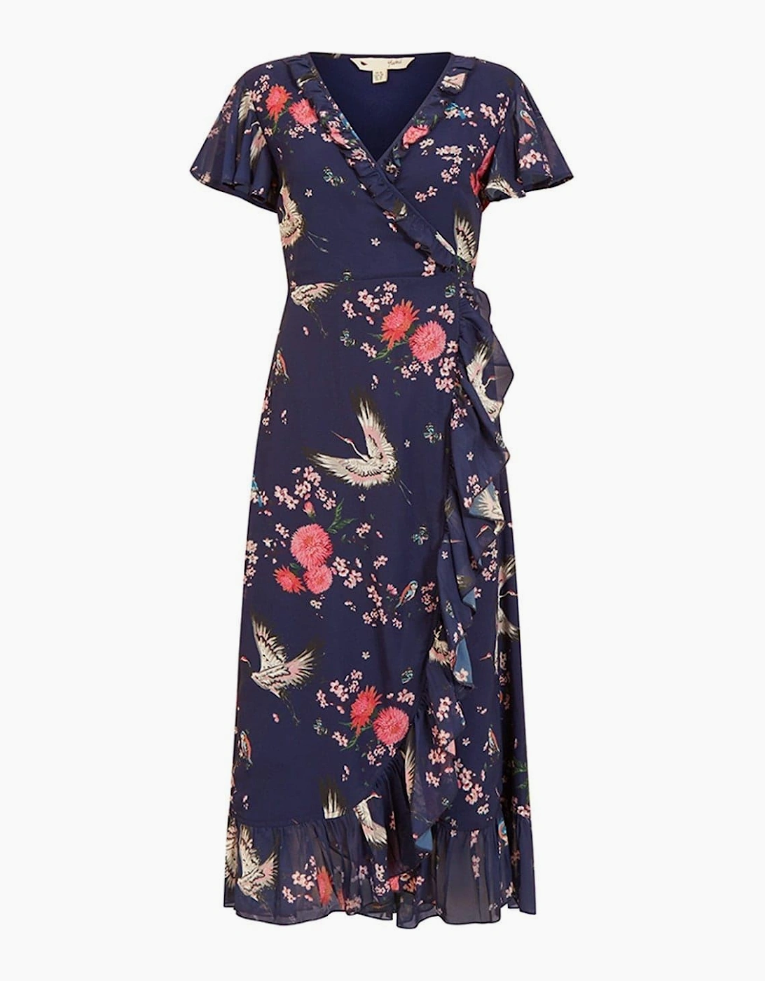 Crane Print V-Neck Midi Wrap Dress