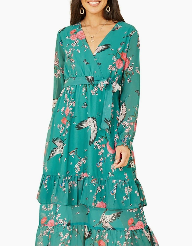 Crane Print V-Neck Midi Wrap Dress