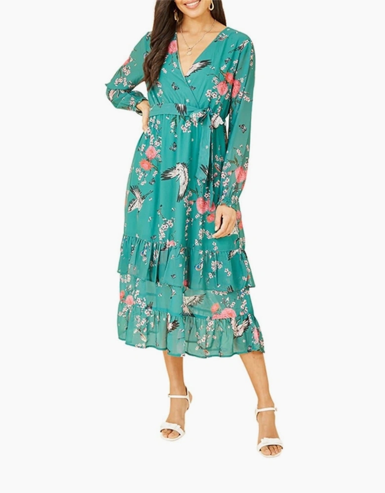Crane Print V-Neck Midi Wrap Dress