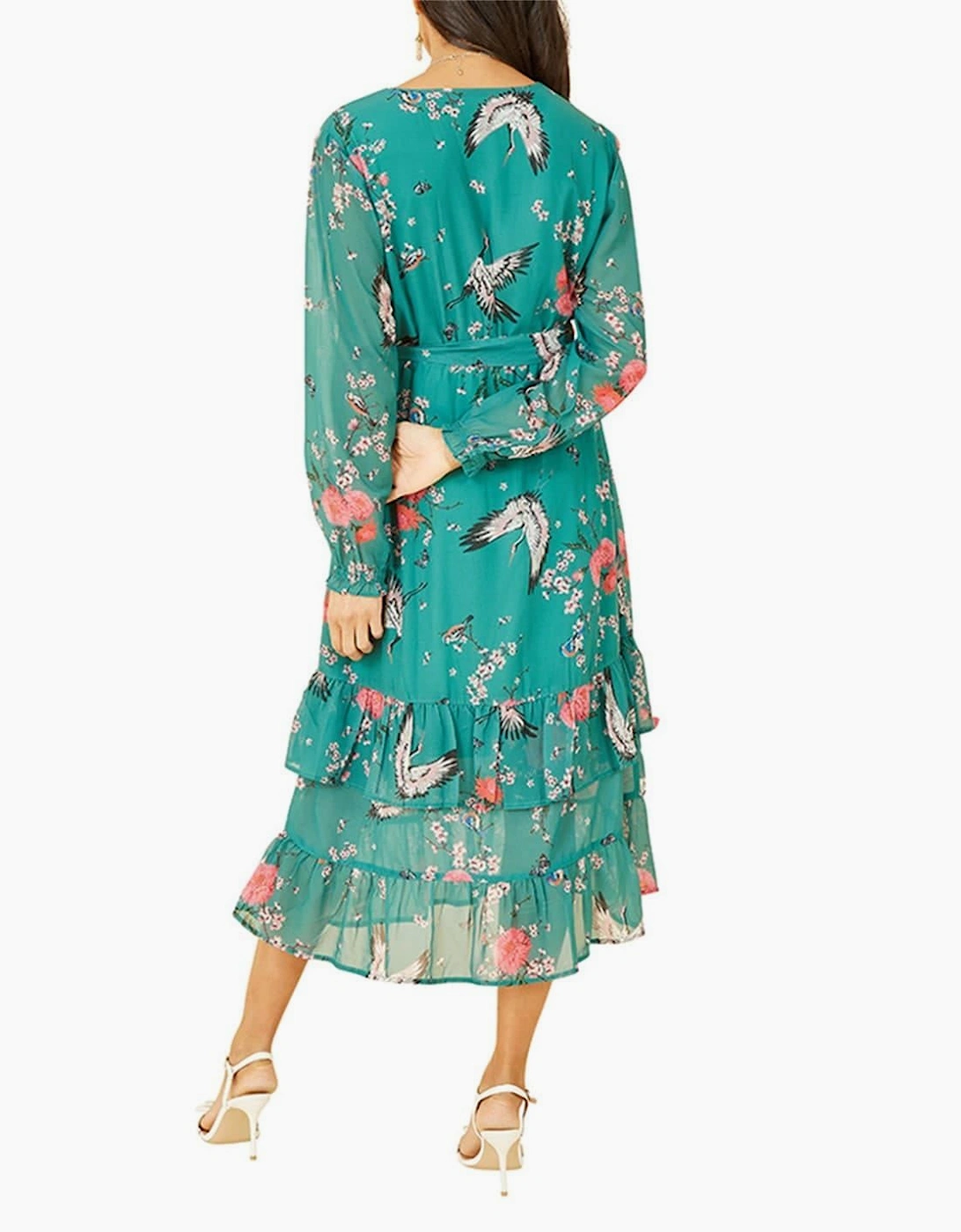 Crane Print V-Neck Midi Wrap Dress