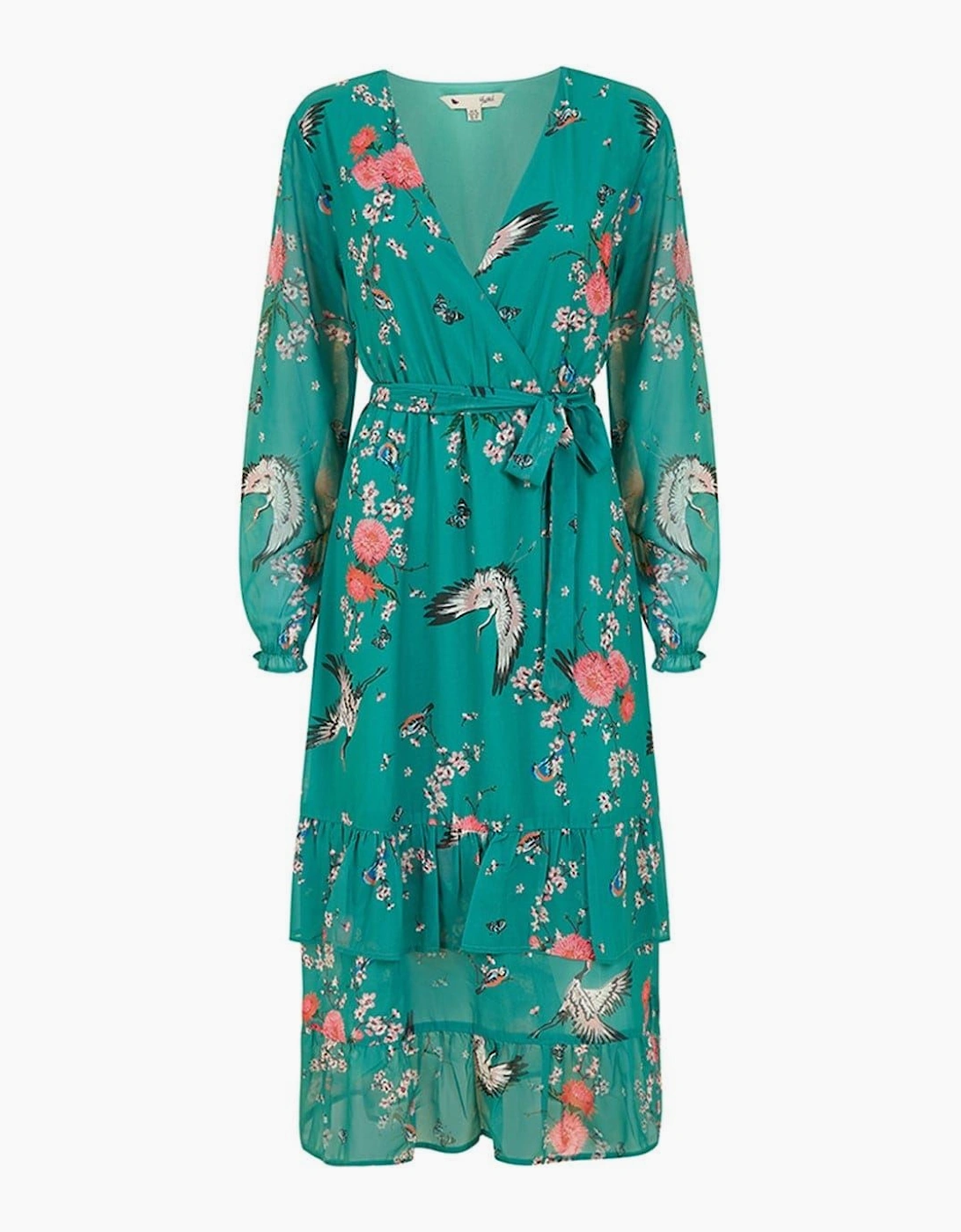 Crane Print V-Neck Midi Wrap Dress