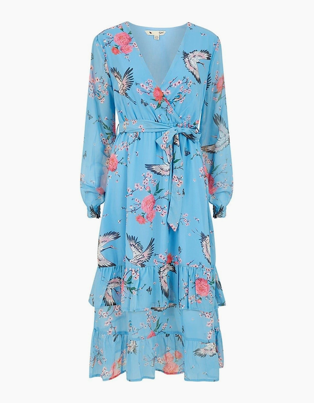 Crane Print V-Neck Midi Wrap Dress