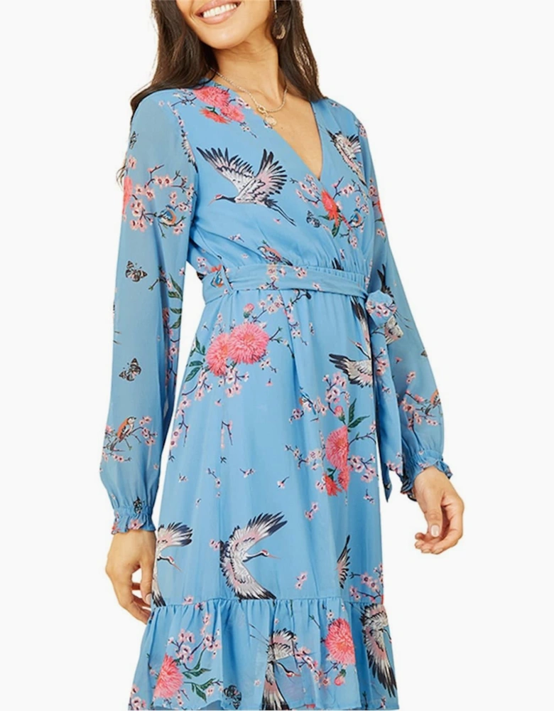 Crane Print V-Neck Midi Wrap Dress