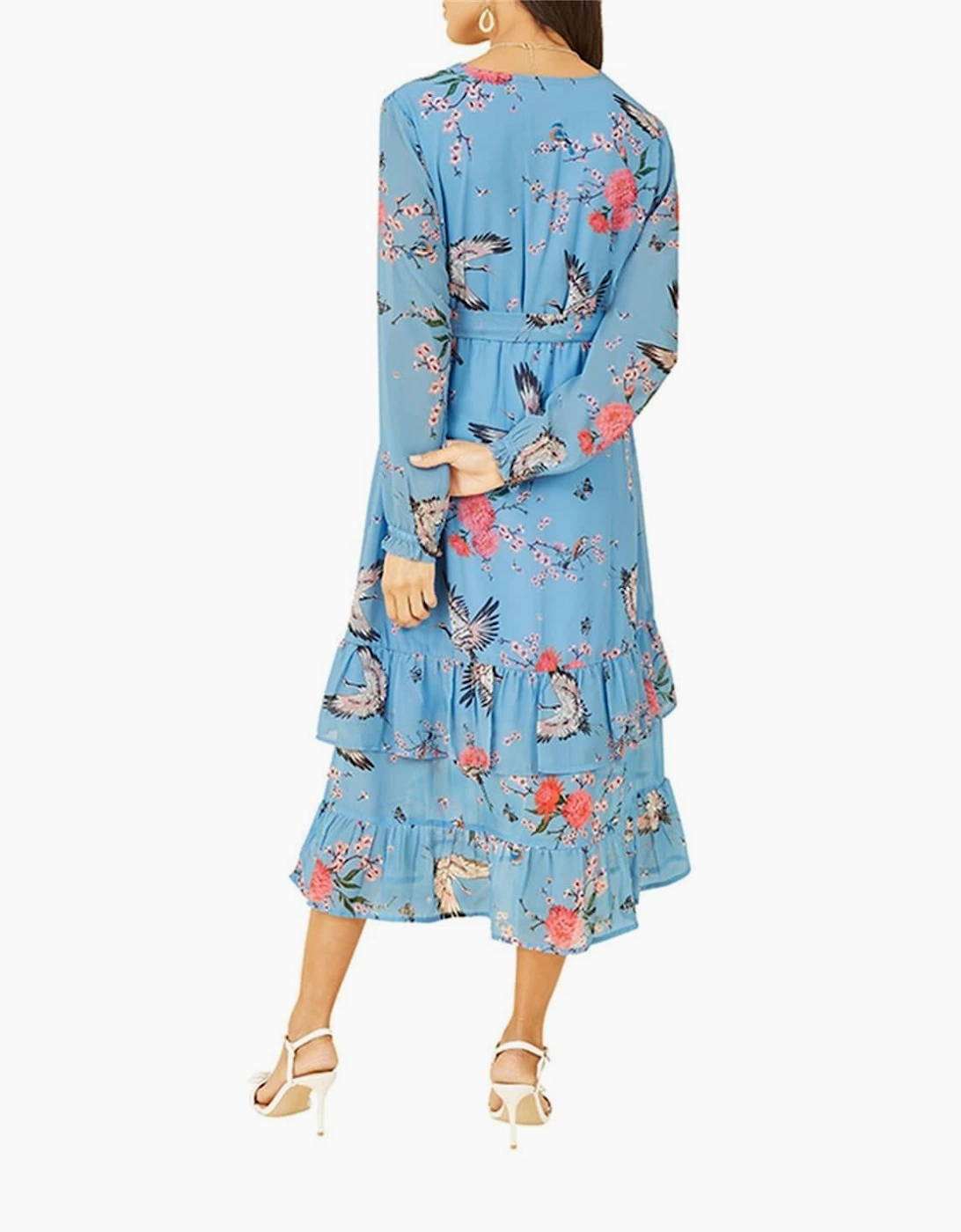 Crane Print V-Neck Midi Wrap Dress