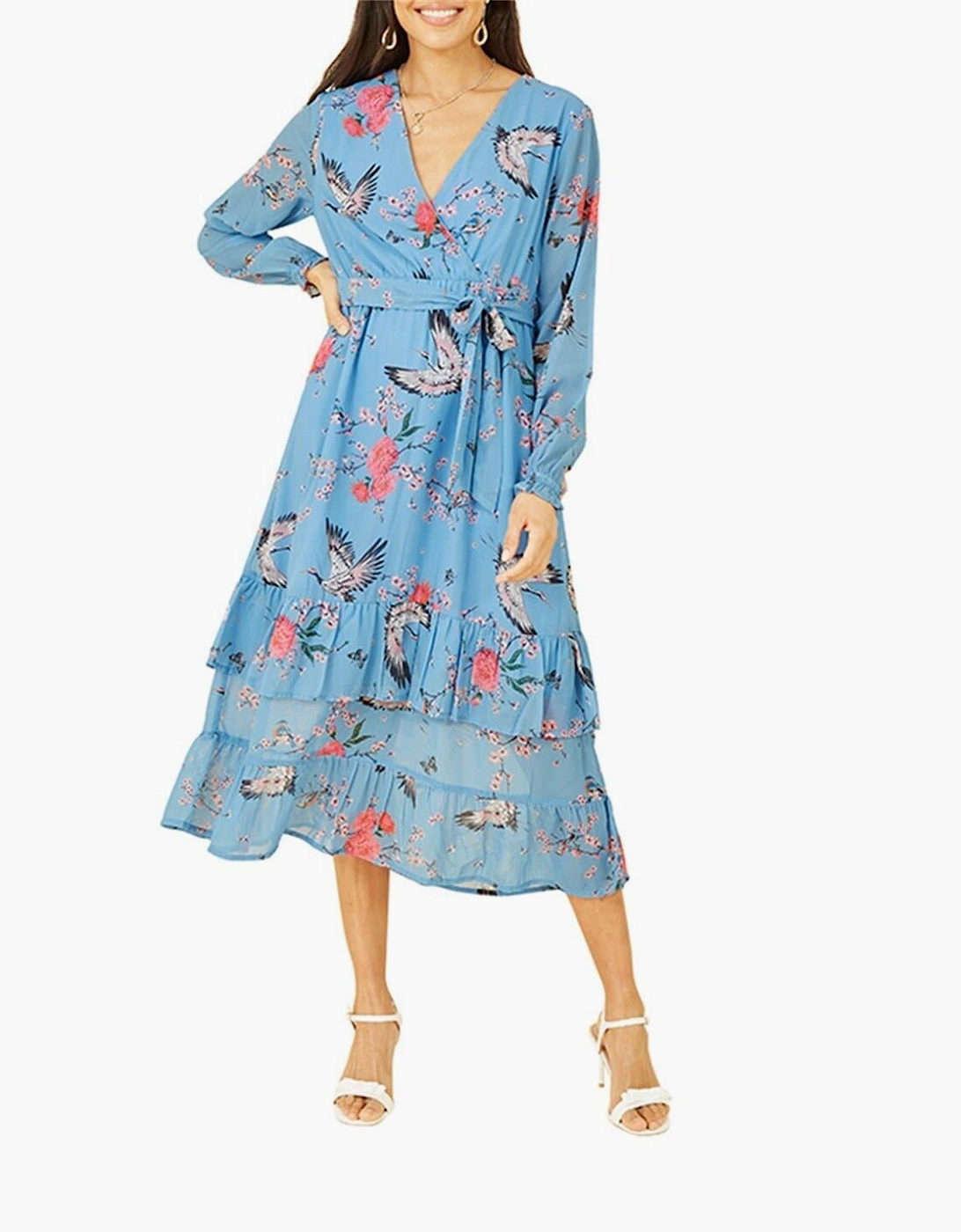 Crane Print V-Neck Midi Wrap Dress